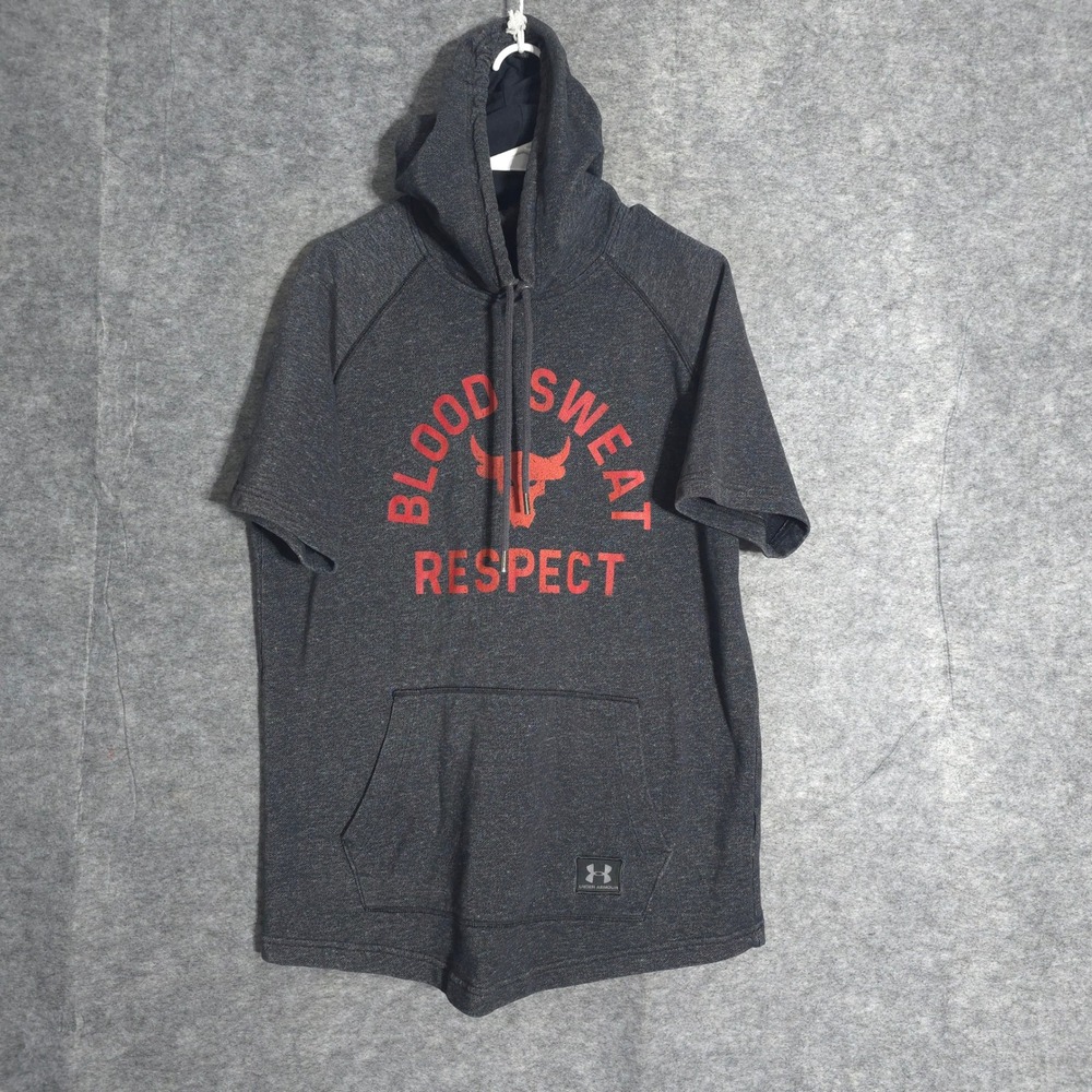Under Armour Project Rock Mens Large Grey Blood Sweat Respect SS Hoodie 1326409